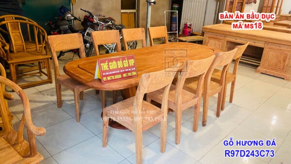 MS18 : BÀN ĂN BẦU DỤC - 8 GHẾ- GỖ HƯƠNG ĐÁ