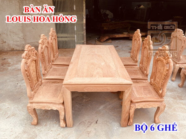 BỘ BÀN ĂN GHẾ LOUIS HOA HỒNG -6 GHẾ- GỖ HƯƠNG ĐÁ