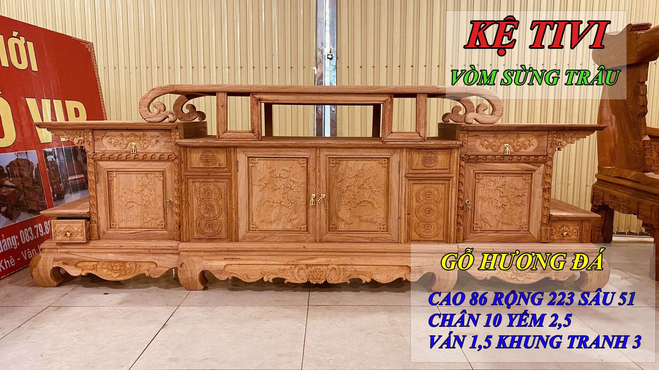 KỆ TIVI VÒM SỪNG TRÂU - GỖ HƯƠNG ĐÁ