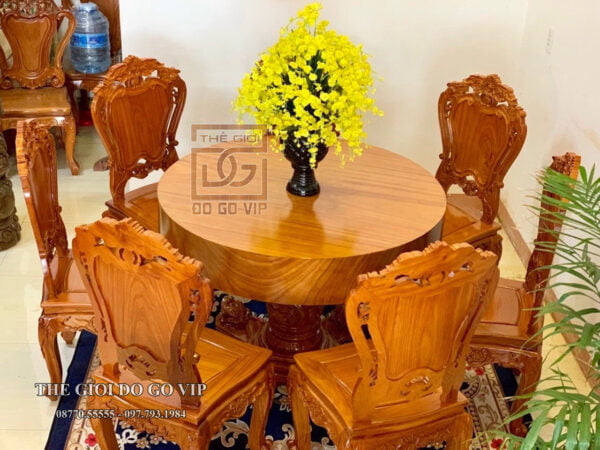 BỘ BÀN ĂN TRÒN NGHUYÊN KHỐI - 6 GHẾ- CHẤT GỖ HƯƠNG ĐÁ
