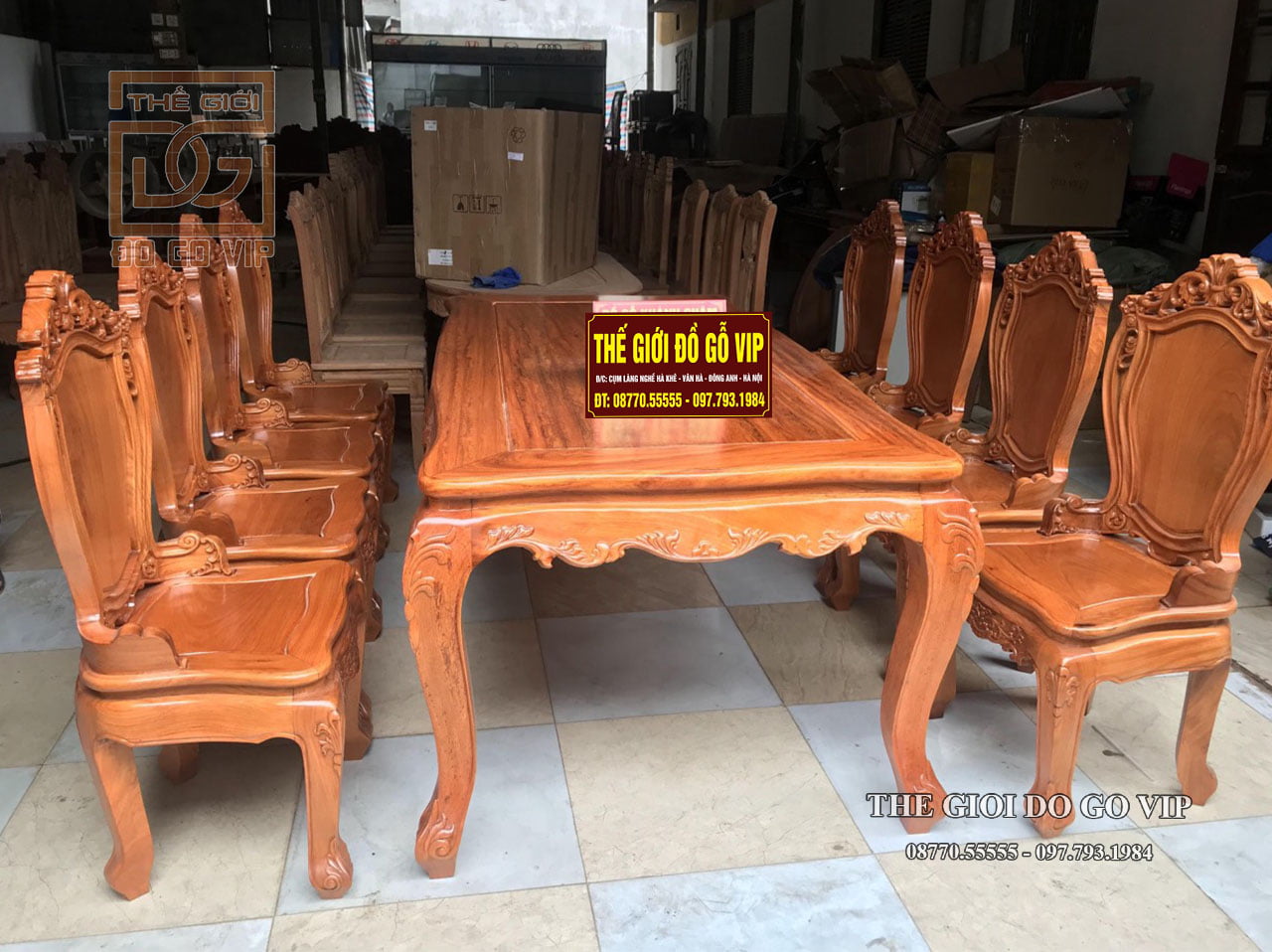 BỘ BÀN ĂN TÂN CỔ ĐIỂN - 8 GHẾ CHẤT GỖ HƯƠNG ĐÁ