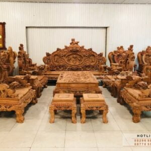 Bộ rồng đỉnh gỗ hương đá 12 món chân 15 Đục Tay 100%