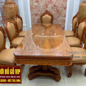 BỘ BÀN ĂN LOUIS GHẾ BỌC DA -7 GHẾ- GỖ HƯƠNG ĐÁ