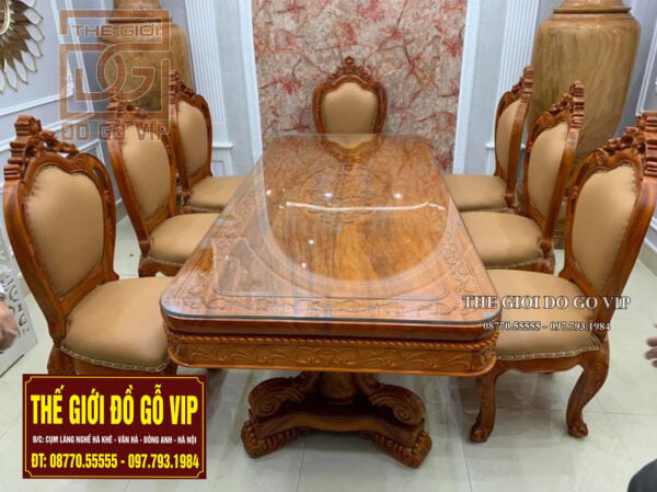 BỘ BÀN ĂN LOUIS GHẾ BỌC DA -7 GHẾ- GỖ HƯƠNG ĐÁ