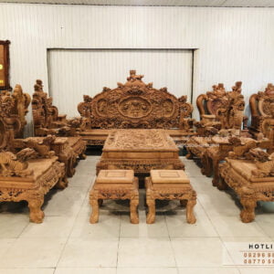 BỘ BÀN GHẾ RỒNG ĐỈNH GỖ HƯƠNG ĐÁ 12 MÓN SIÊU ẤN TƯỢNG