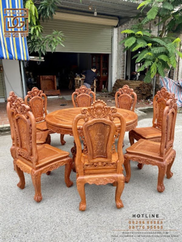 BÀN ĂN TRÒN 8 GHẾ - CHẤT GỖ HƯƠNG ĐÁ