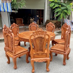 BÀN ĂN TRÒN 8 GHẾ - CHẤT GỖ HƯƠNG ĐÁ