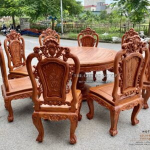 BÀN ĂN TRÒN 8 GHẾ - CHẤT GỖ HƯƠNG ĐÁ