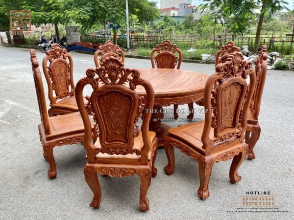 BÀN ĂN TRÒN 8 GHẾ - CHẤT GỖ HƯƠNG ĐÁ