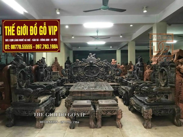 Bộ bàn ghế nghê rồng đỉnh 12 món gỗ mun Lào Bộ bàn ghế nghê rồng đỉnh 12 món gỗ mun Lào
