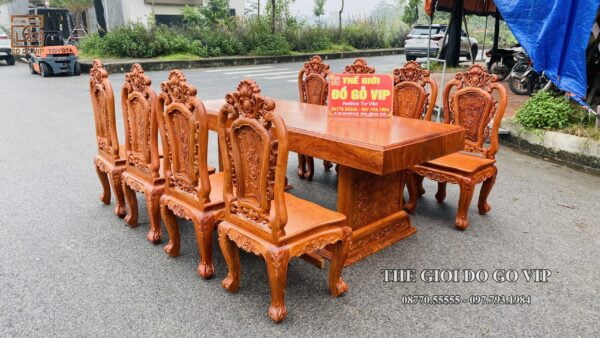 BÀN ĂN CHỮ NHẬT NGUYÊN KHỐI- 8 GHẾ- GỖ HƯƠNG ĐÁ
