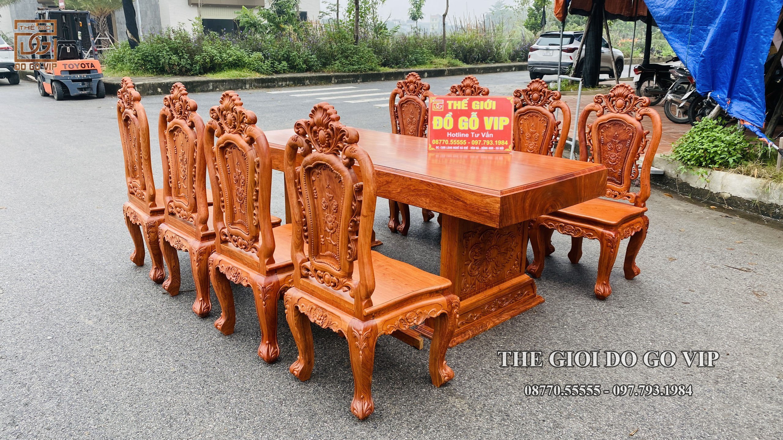 BÀN ĂN CHỮ NHẬT NGUYÊN KHỐI- 8 GHẾ- GỖ HƯƠNG ĐÁ