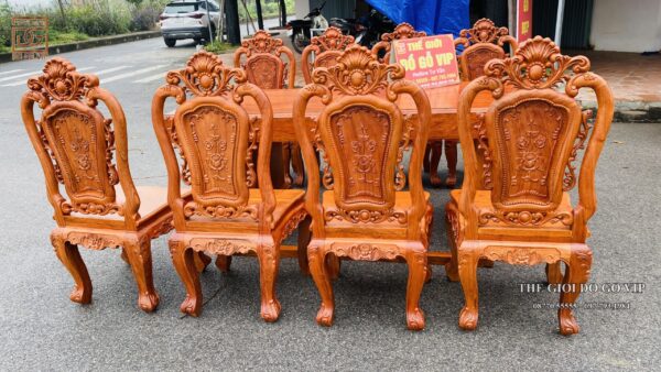 BÀN ĂN CHỮ NHẬT NGUYÊN KHỐI- 8 GHẾ- GỖ HƯƠNG ĐÁ