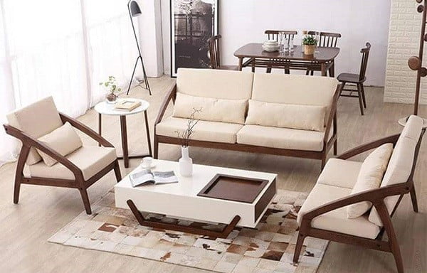 Bàn ghế phòng khách đẹp tay chéo góc lá me