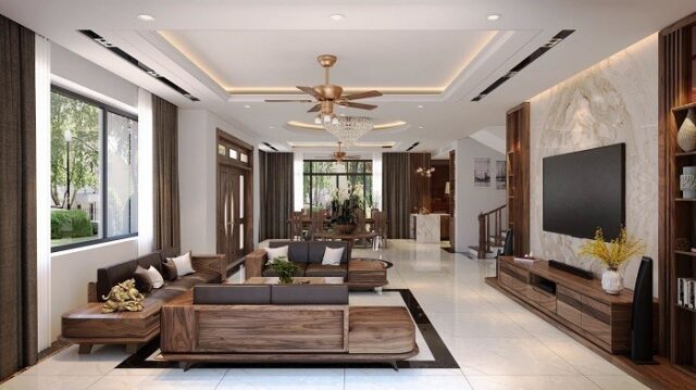 Phòng khách với bộ bàn ghế hiện đại thể hiện sự sang trọng, tiện nghi