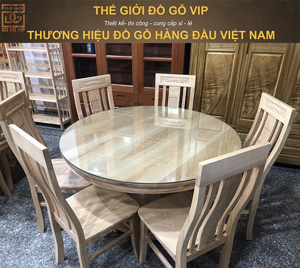 Mẫu bàn ăn tròn xoay đẹp chất liệu gỗ sồi