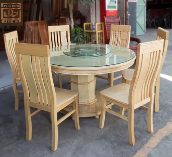 bàn ăn tròn xoay đẹp chất liệu gỗ sồi