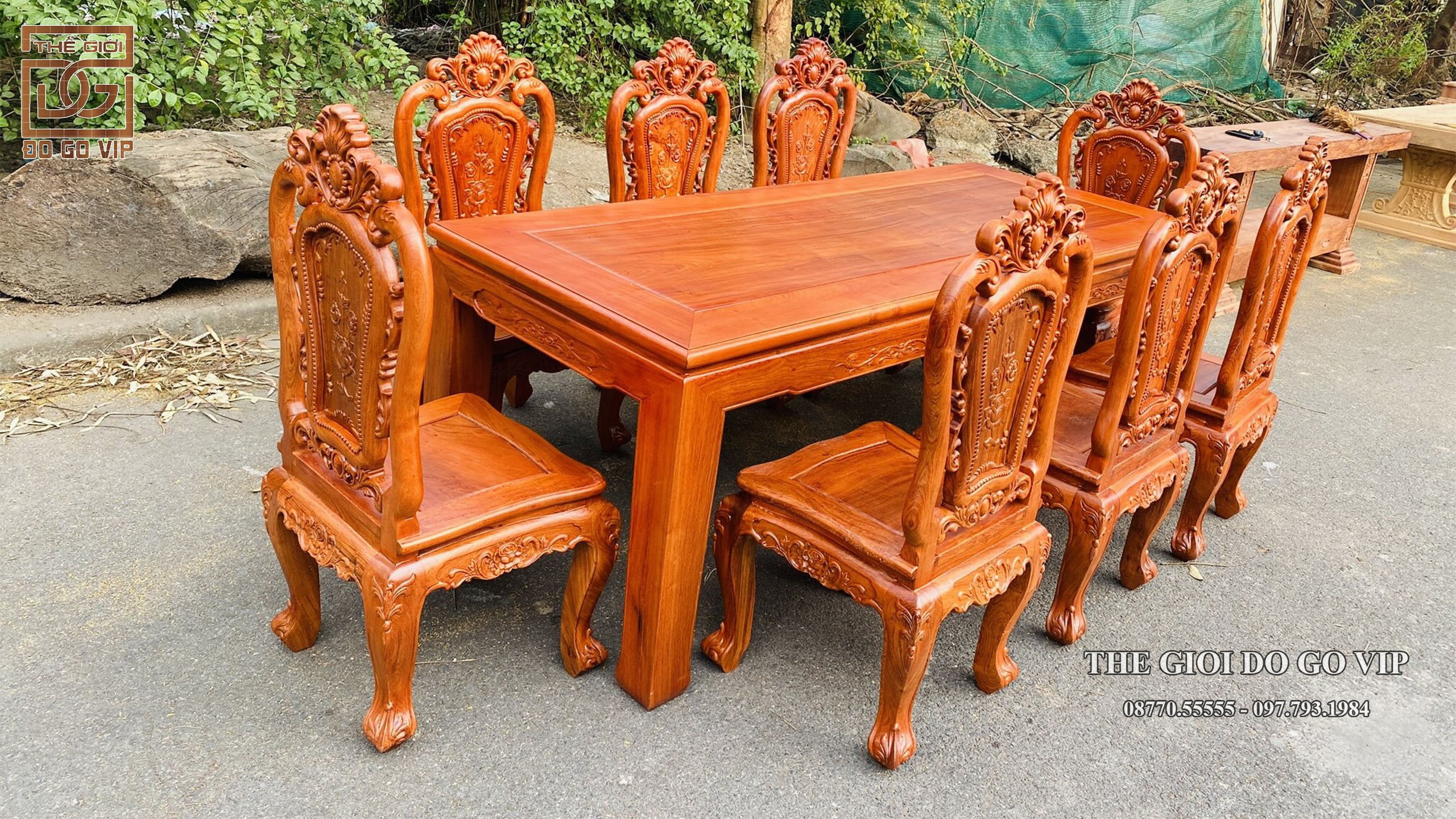 MẪU BÀN ĂN CHỮ NHẬT- GHẾ HỒNG HẠC 8 GHẾ- CHẤT GỖ HƯƠNG ĐÁ