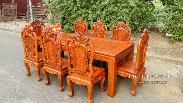MẪU BÀN ĂN CHỮ NHẬT- GHẾ HỒNG HẠC 8 GHẾ- CHẤT GỖ HƯƠNG ĐÁ