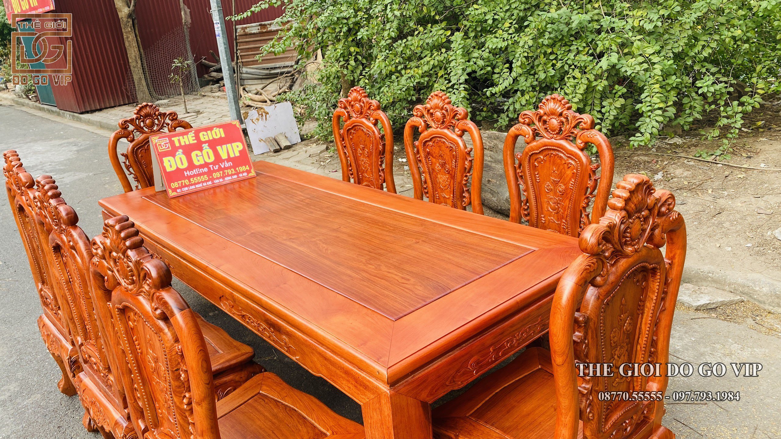 MẪU BÀN ĂN CHỮ NHẬT- GHẾ HỒNG HẠC 8 GHẾ- CHẤT GỖ HƯƠNG ĐÁ