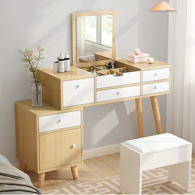 Một chiếc bàn trang điểm đẹp đơn giản giấu gương là giải pháp nên có cho những căn phòng nhỏ