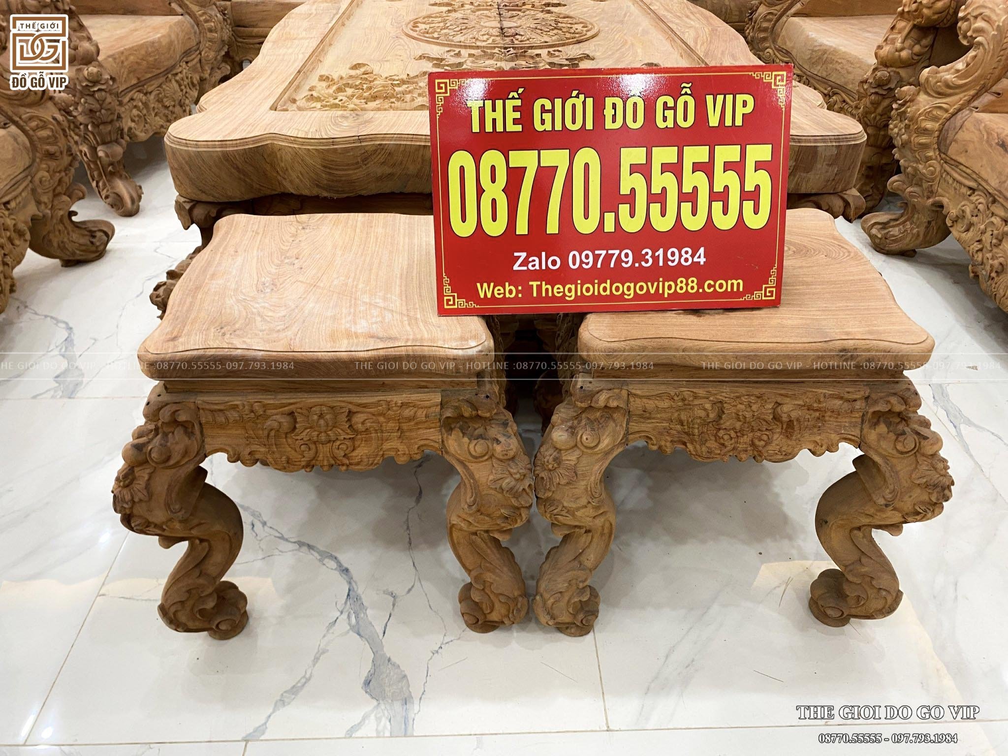 Bộ Bàn Ghế Hoàng Gia Nguyên Khối Tay Cong Vip Chân 22 - Gỗ Hương Đá
