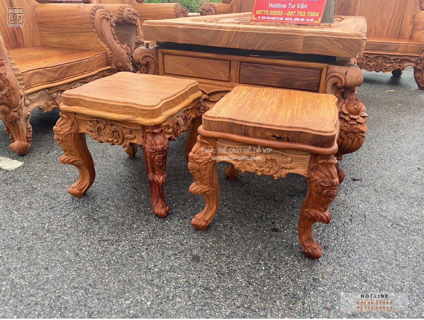 2 đôn ngồi của bộ hoàng gia hoa hồng gỗ đỏ nguyên khối được chạm khắc hoàn toàn thủ công