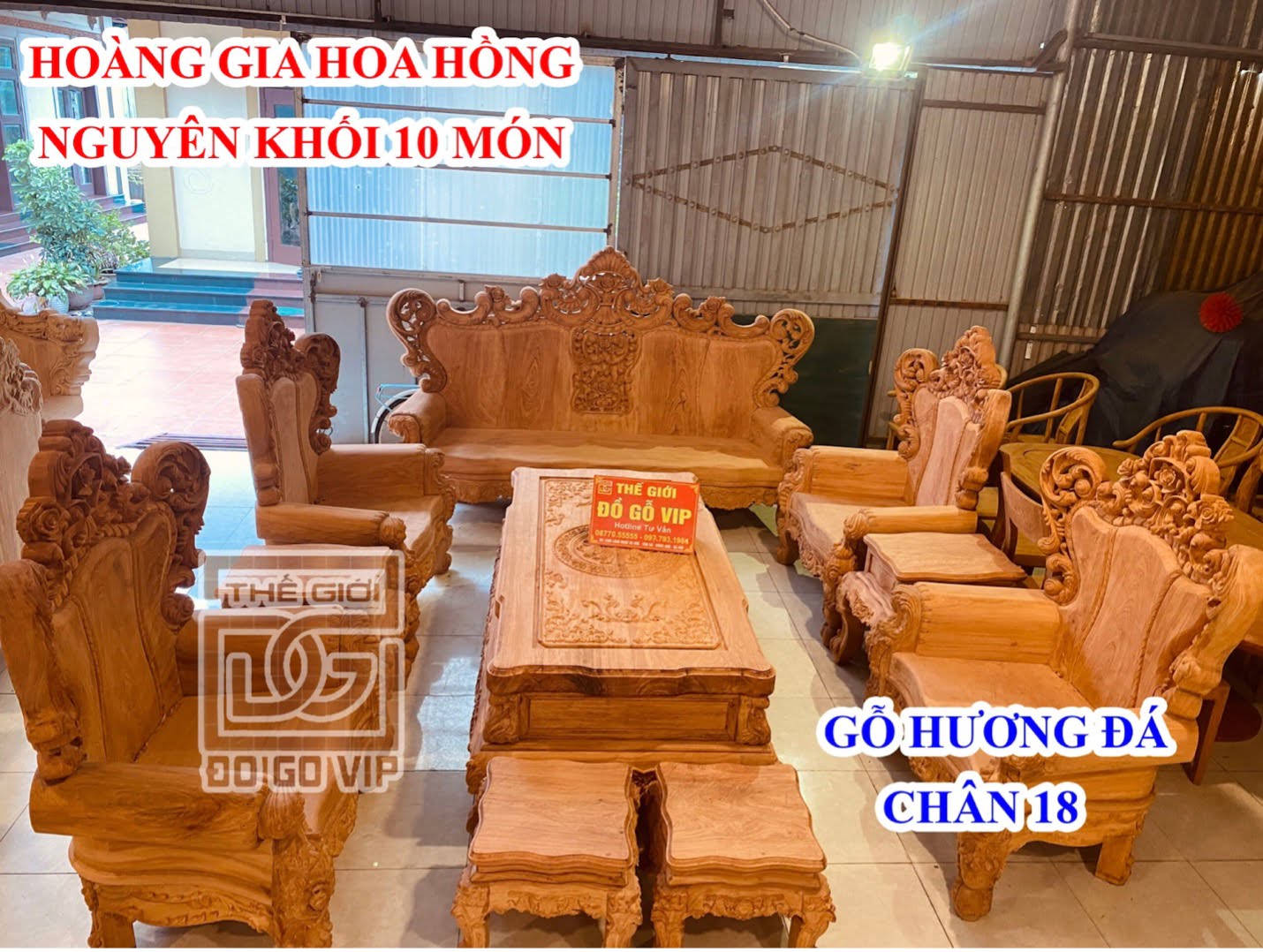 Bộ bàn ghế hoàng gia hoa hồng nguyên khối 10 món chân 18 - Gỗ hương đá