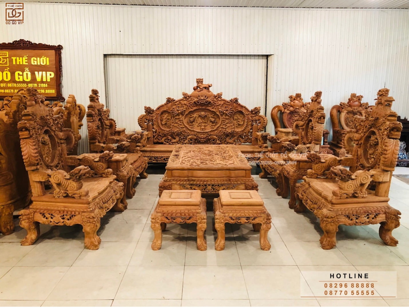 Bộ bàn ghế rồng đỉnh gỗ hương đá 12 món