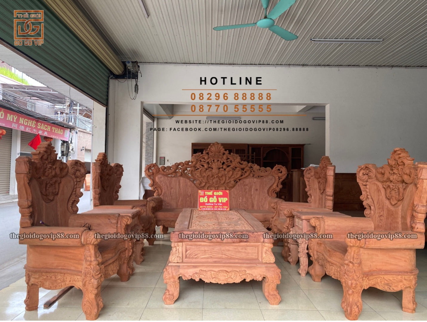 Bộ bàn ghế sofa hoàng gia lá tây 10 món gỗ hương đá