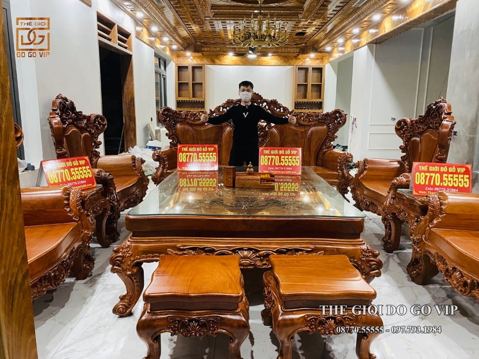 Bộ hoàng gia hoa hồng nguyên khối gỗ hương đá 10 món