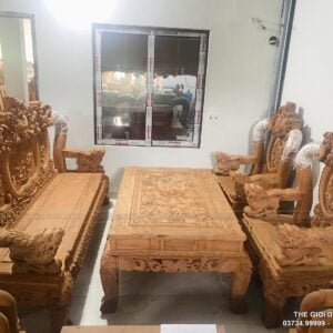 Bộ Bàn Ghế Nghê Bảo Đỉnh Cột 14 Chân 14 Gỗ Hương Đá- 6 Món