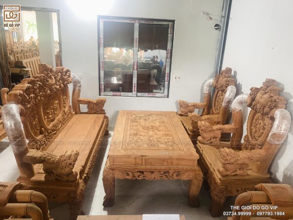 Bộ Bàn Ghế Nghê Bảo Đỉnh Cột 14 Chân 14 Gỗ Hương Đá- 6 Món