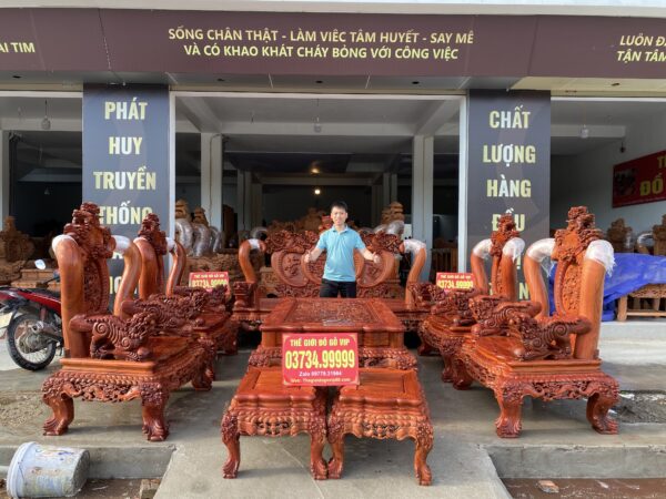 BỘ BÀN GHẾ NGHÊ THÁI TỬ CỘT 14 CHÂN 15 GỖ HƯƠNG ĐÁ - 10 MÓN