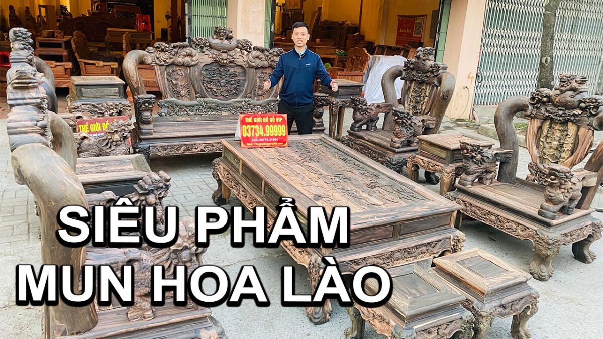 BỘ BÀN GHẾ NGHÊ BẢO ĐỈNH 12 MÓN GỖ MUN HOA LÀO CỰC VIP TẠI THẾ GIỚI ĐỒ GỖ VIP