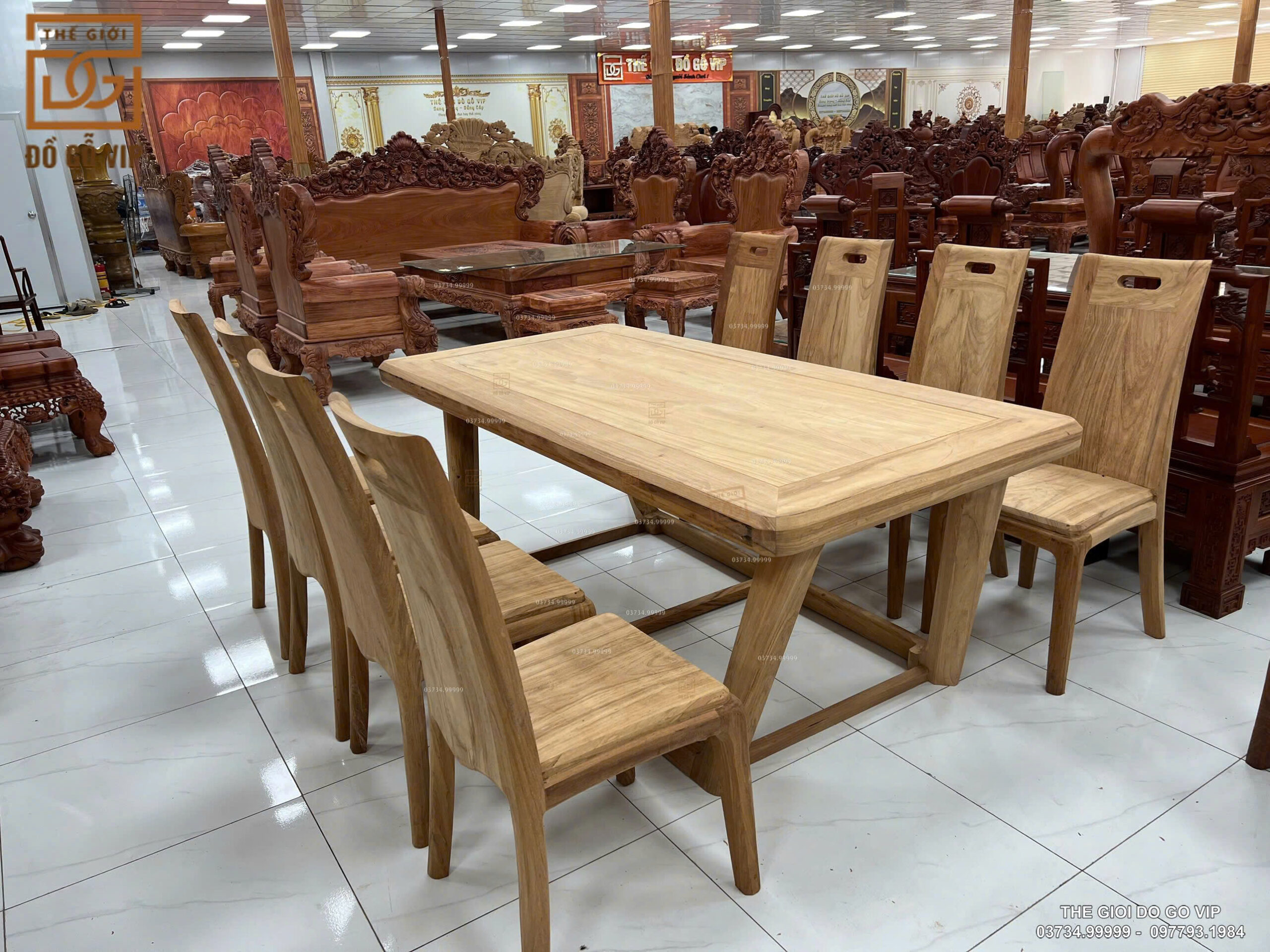 Bàn Ăn Chữ Nhật - 8 Ghế Gỗ Gõ
