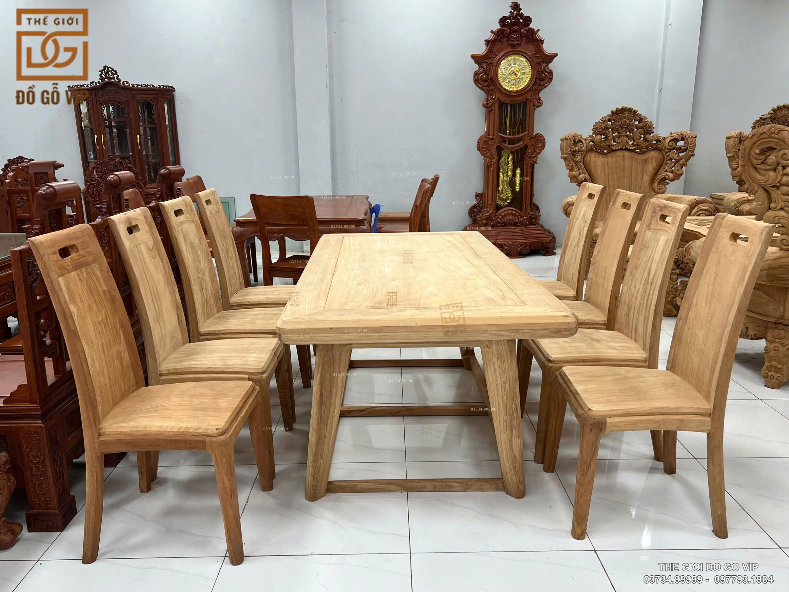 Bàn Ăn Chữ Nhật - 8 Ghế Gỗ Gõ